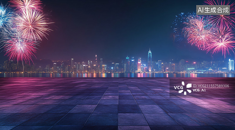 【AI数字艺术】夜晚城市CBD的繁华景象，烟花绽放庆祝新年，作为汽车广告的动态背景，捕捉节日气氛与都市的兴奋。图片素材