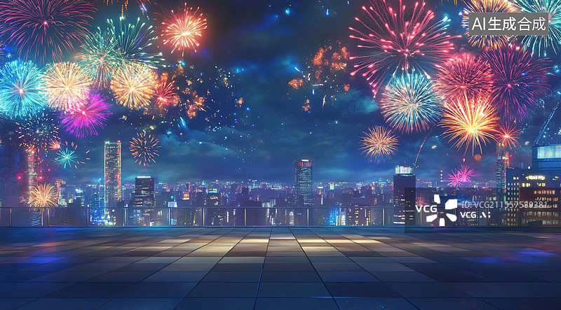 【AI数字艺术】夜晚城市CBD的繁华景象，烟花绽放庆祝新年，作为汽车广告的动态背景，捕捉节日气氛与都市的兴奋。图片素材