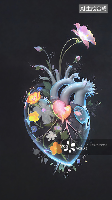 【AI数字艺术】卡通手绘心脏健康医疗插画，水彩画全国护肝日插画，手绘内脏器官创意插画 从心绽放的花朵 花之心 竖版图片素材