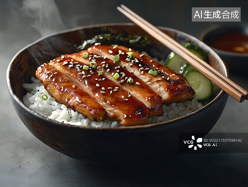 【AI数字艺术】日式美食，照烧鸡饭，特写镜头图片素材