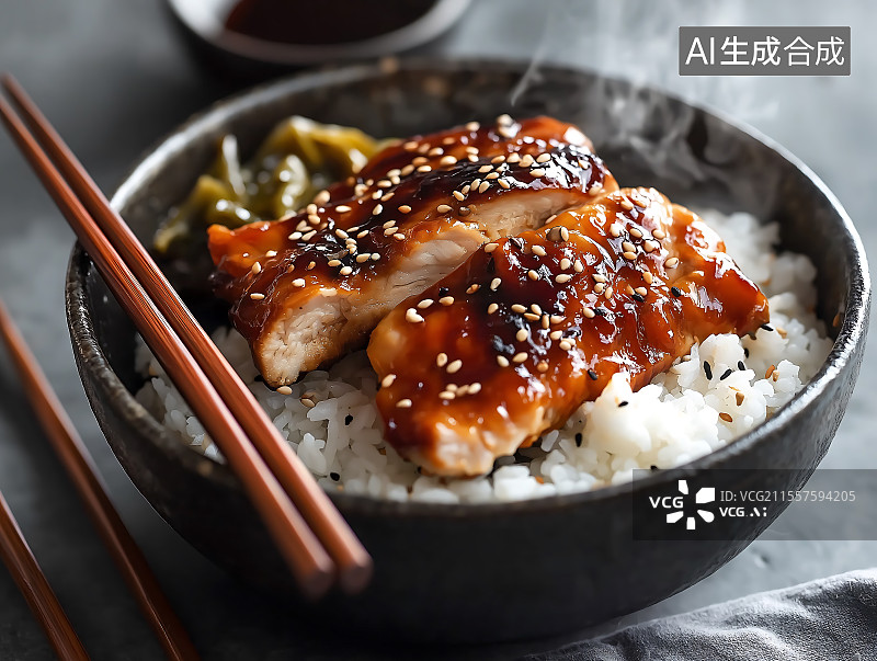 【AI数字艺术】日式美食，照烧鸡饭，特写镜头图片素材