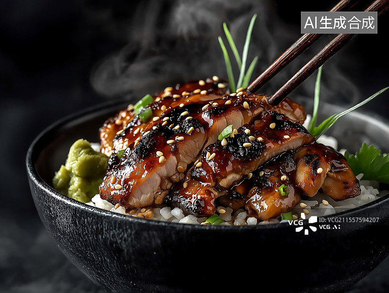 【AI数字艺术】日式美食，照烧鸡饭，特写镜头图片素材