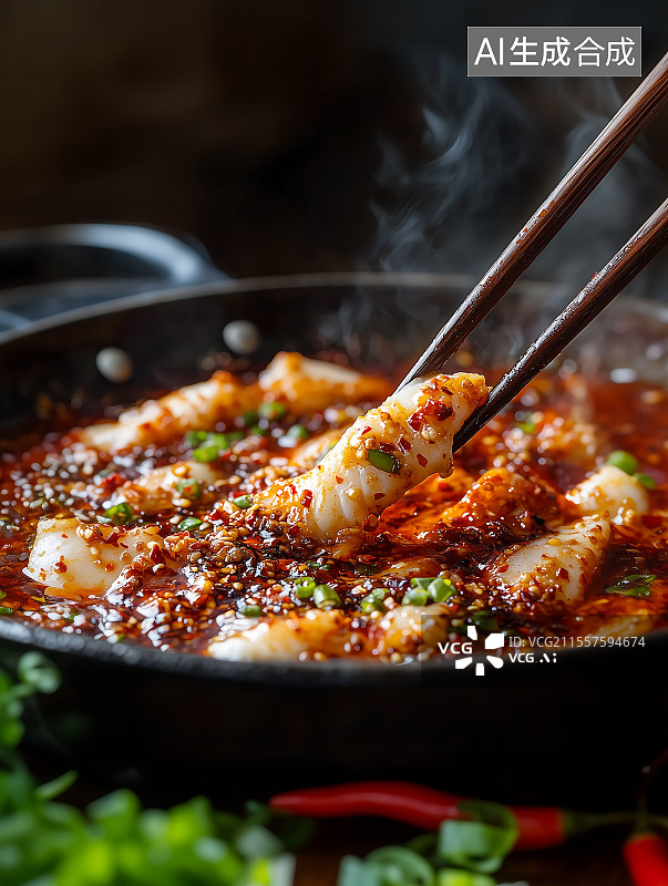【AI数字艺术】川菜水煮鱼沸腾鱼，筷子夹起鱼肉的特写镜头图片素材