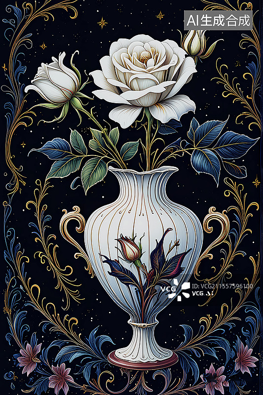 【AI数字艺术】巴洛克风格复古玫瑰花瓶占卜塔罗牌插画图片素材
