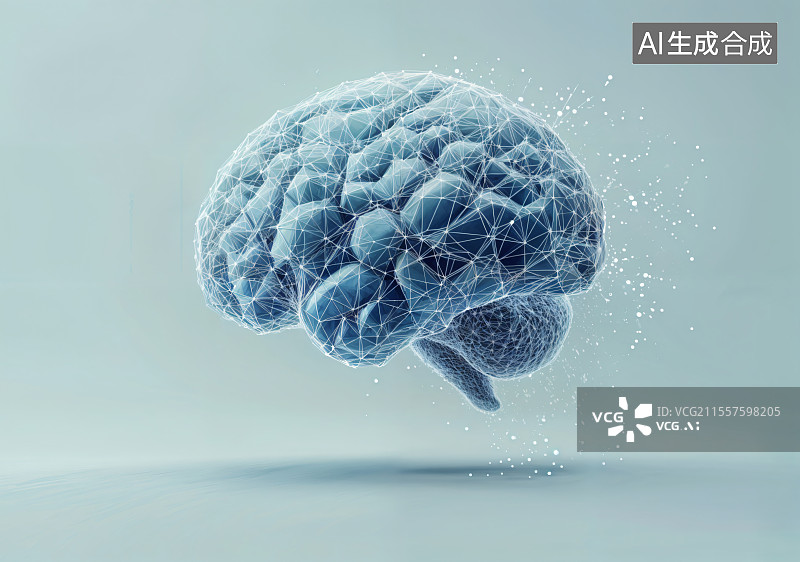 【AI数字艺术】科技感 3D 渲染人工智能大脑，网络数据交织神经元，全息电子流环绕，展现未来智能的前沿科技背景。图片素材