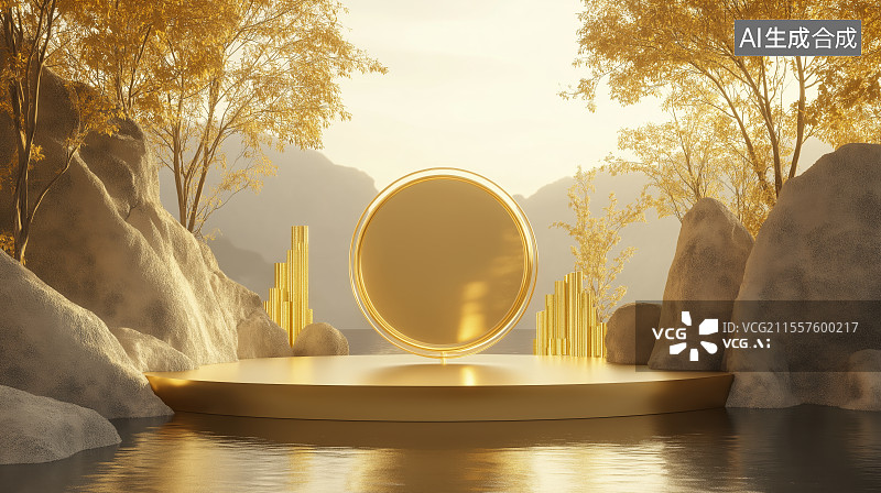 【AI数字艺术】商务背景——金色产品展台图片素材