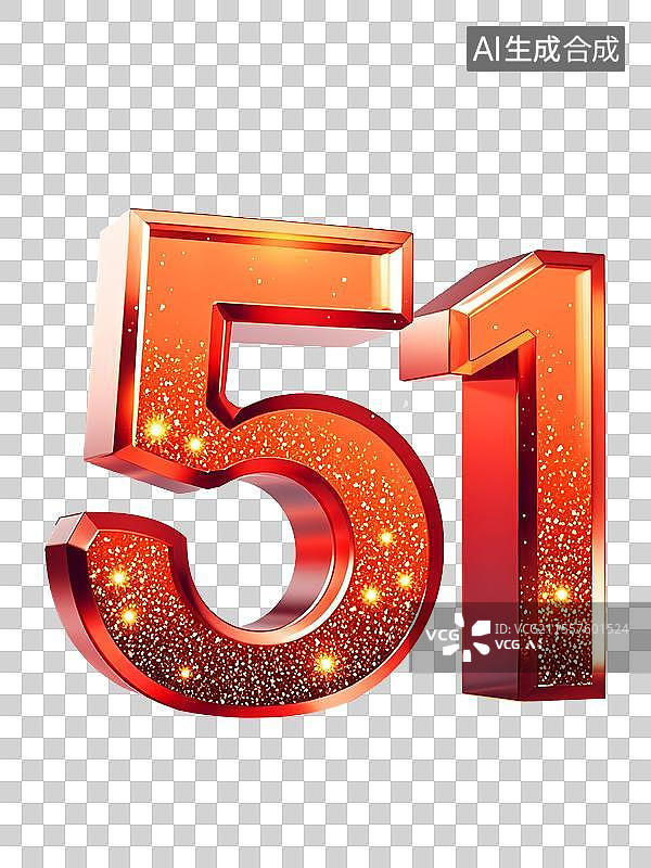 【AI数字艺术】红色的3D立体数字51，有金星闪烁，五一劳动节设计元素图片素材
