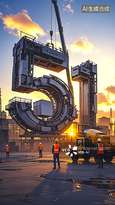 【AI数字艺术】五一国际劳动节，建筑工地上51机械制造的三维立体数字，五一劳动节海报图片素材