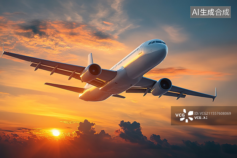 【AI数字艺术】商用飞机翱翔在黄昏云海中和旅游主题概念图片素材