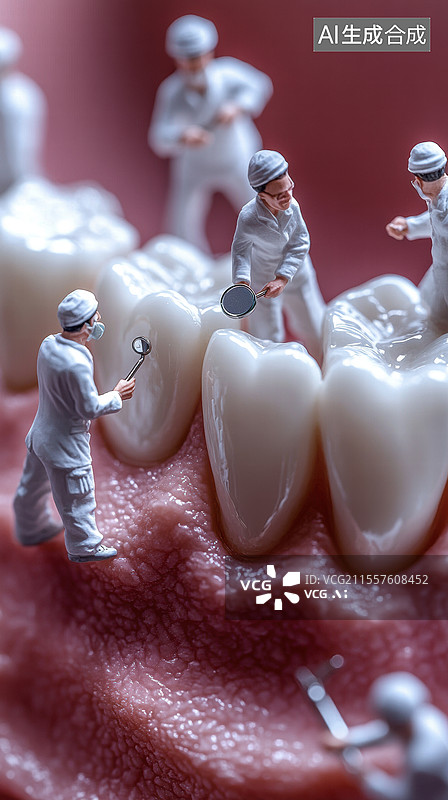 【AI数字艺术】了一个创意的口腔健康教育模型。模型中有一排牙齿，周围有几位穿着白色工作服的小型人物.图片素材