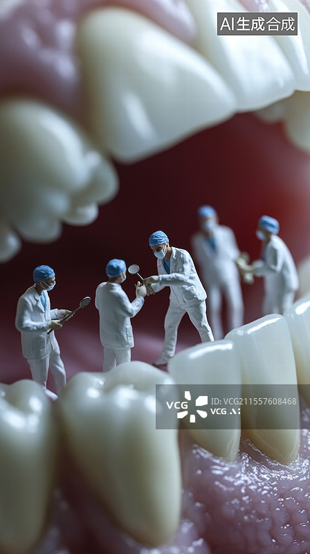 【AI数字艺术】了一个创意的口腔健康教育模型。模型中有一排牙齿，周围有几位穿着白色工作服的小型人物.图片素材