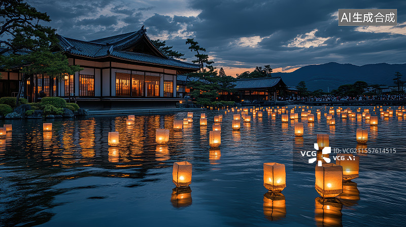 【AI数字艺术】中元节祈福放河灯浮灯图片素材