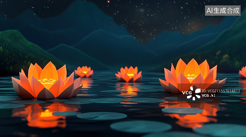 【AI数字艺术】中元节许愿祈福放河灯浮灯莲花蜡烛灯场景插画图片素材