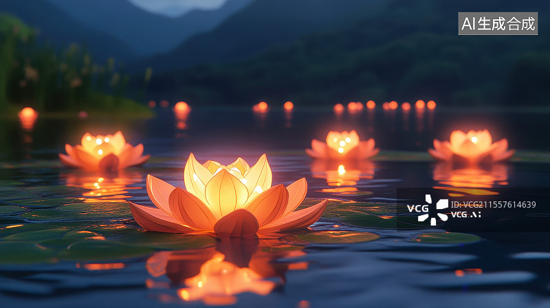 【AI数字艺术】中元节许愿祈福放河灯浮灯莲花蜡烛灯场景插画图片素材