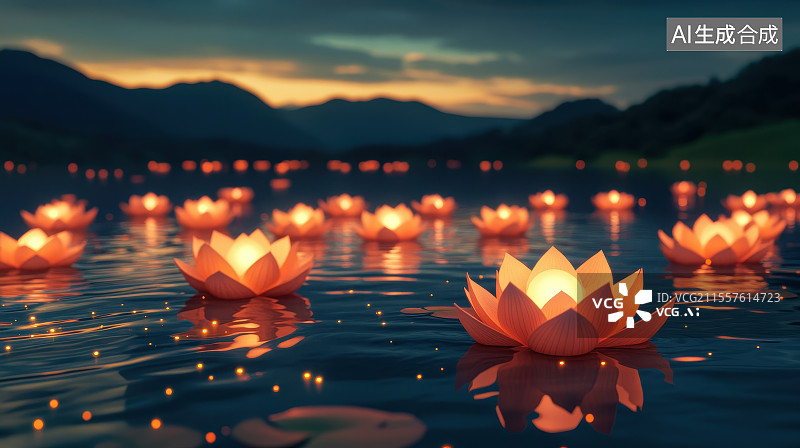 【AI数字艺术】中元节许愿祈福放河灯浮灯莲花蜡烛灯场景插画图片素材