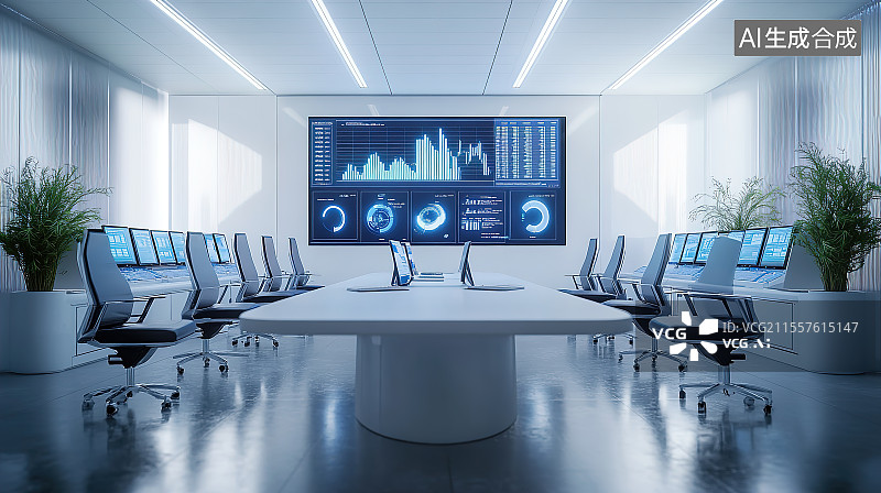 【AI数字艺术】现代未来主义数据中心控制室图片素材