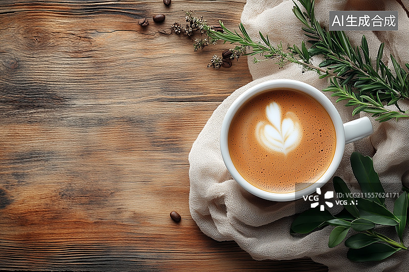 【AI数字艺术】木桌上的咖啡杯与绿叶麻布装饰图片素材