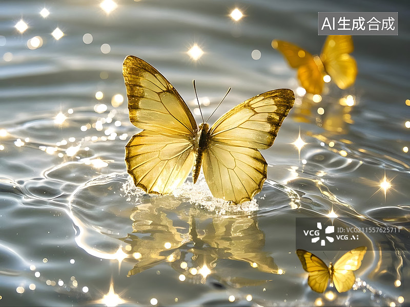 【AI数字艺术】金色蝴蝶水面嬉戏图片素材