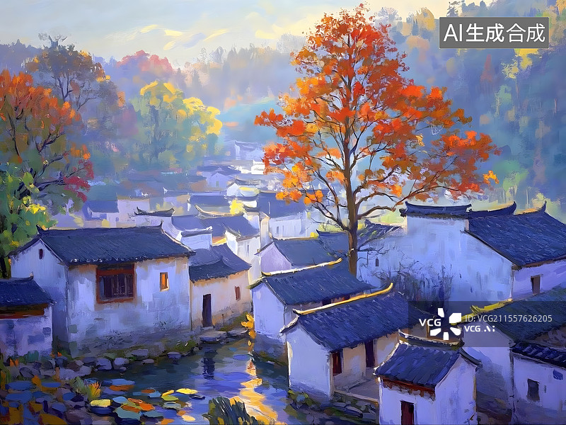 【AI数字艺术】秋日村庄景色图图片素材