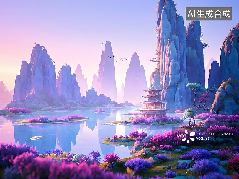 【AI数字艺术】梦幻仙境紫霞山庄图片素材