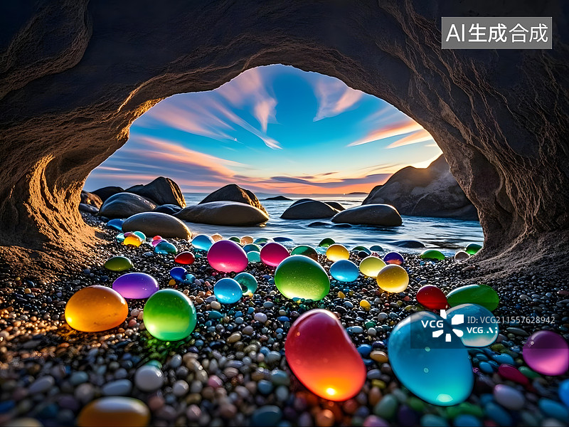 【AI数字艺术】彩虹海滩奇幻洞穴图片素材