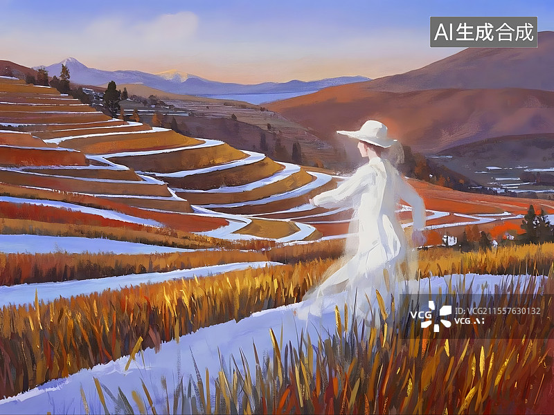 【AI数字艺术】田园牧歌白裙女子图片素材