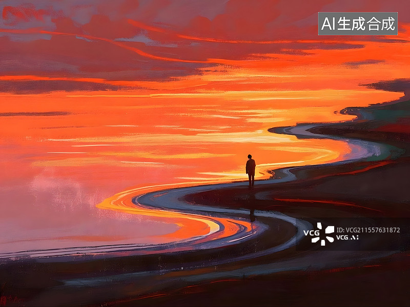 【AI数字艺术】落日余晖下的孤影图片素材