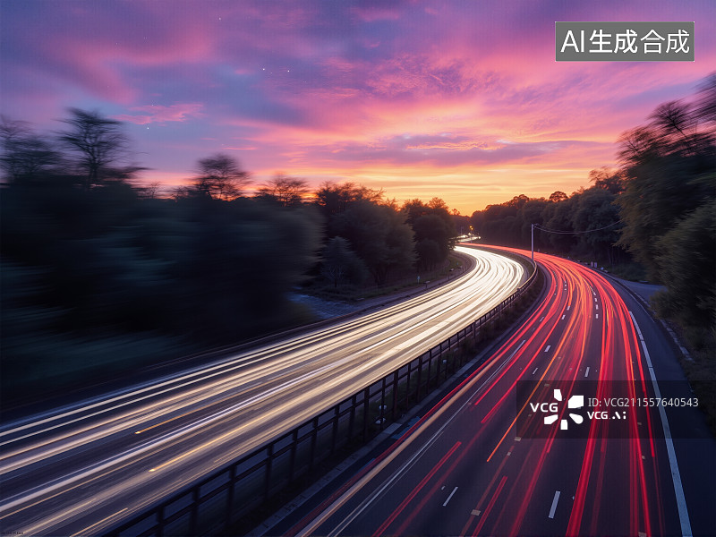 【AI数字艺术】日落高速车流如织图片素材