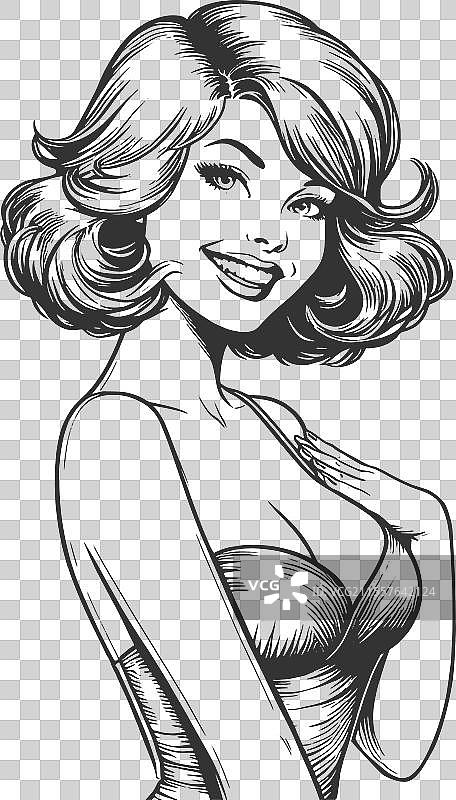 复古波普艺术微笑女性雕刻图图片素材