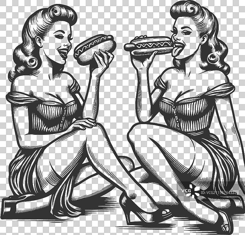 复古女性享用热狗的雕刻图图片素材