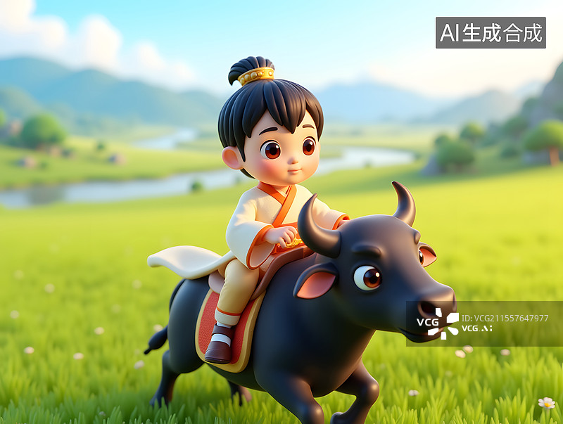 【AI数字艺术】清明节牧童放牛3D插画图片素材