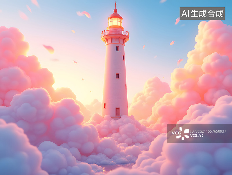 【AI数字艺术】云彩上的灯塔3D场景插画图片素材