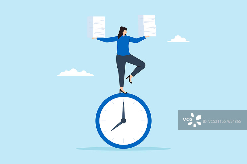 高效女性在时钟上保持平衡的插图图片素材