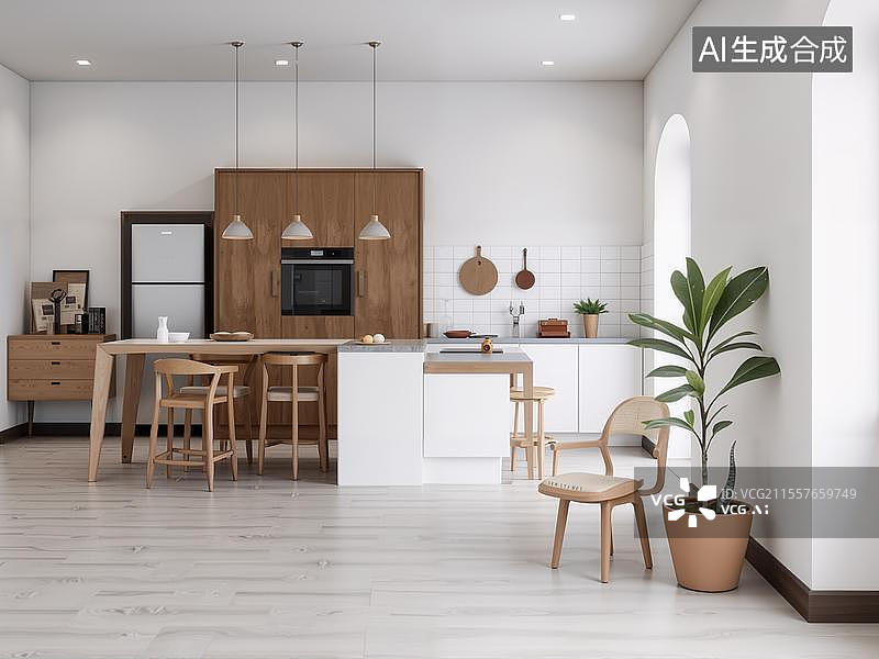【AI数字艺术】现代白色木质厨房图片素材