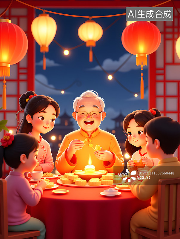 【AI数字艺术】中秋节一家人团圆聚餐的场景图片素材