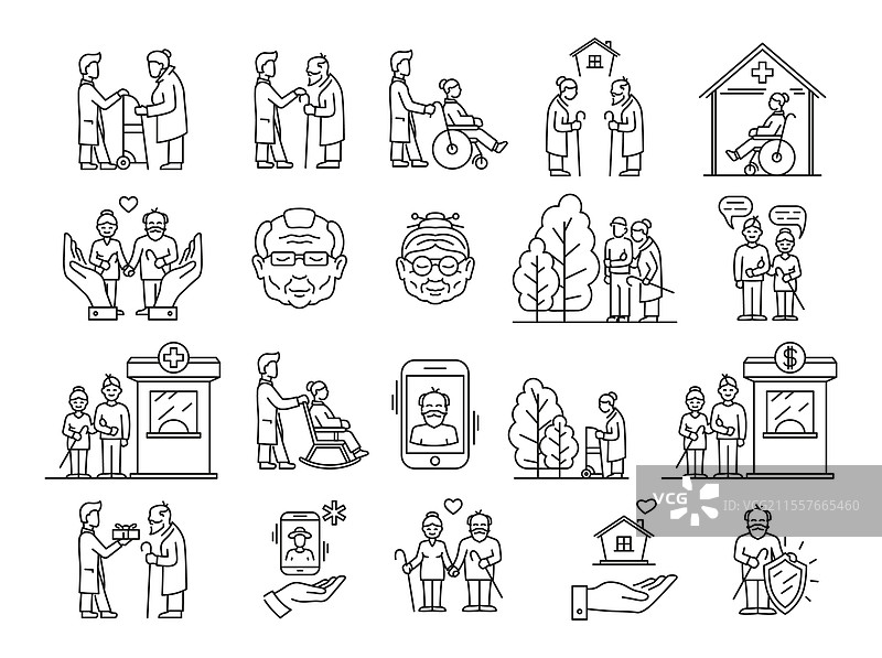 老年护理医疗社会支持线条图标集图片素材