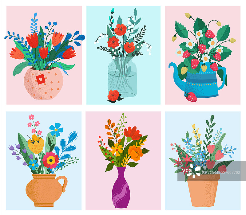 一组陶花盆中的花束图片素材