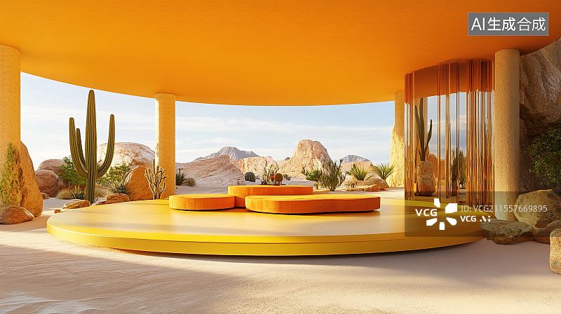 【AI数字艺术】橙黄色沙漠沙滩3D展台电商背景图片素材