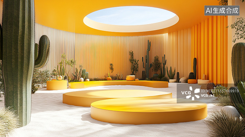 【AI数字艺术】橙黄色沙漠沙滩3D展台电商背景图片素材