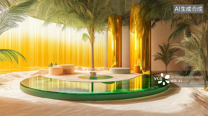 【AI数字艺术】橙黄色沙漠沙滩3D展台电商背景图片素材