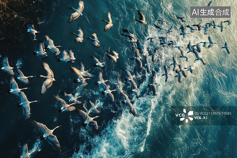 【AI数字艺术】候鸟群飞湿地生态航拍图片素材
