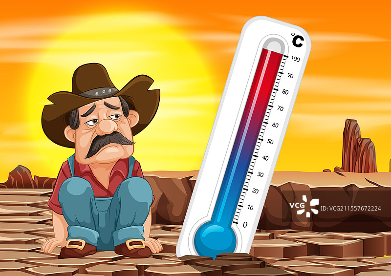 男人和温度计在干燥的沙漠场景中图片素材