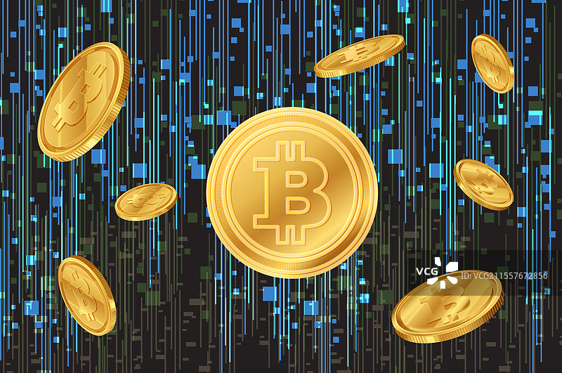 金色比特币在数字背景中漂浮图片素材