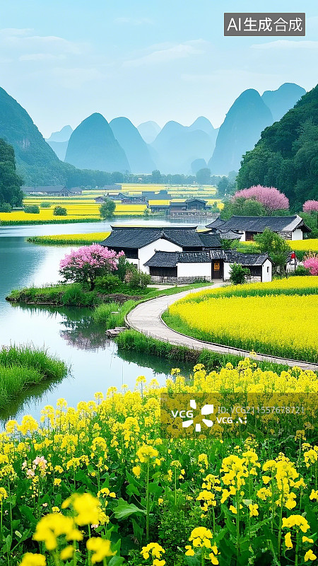 【AI数字艺术】黄色油菜花田 春天 中国农村 春分 清明 谷雨图片素材