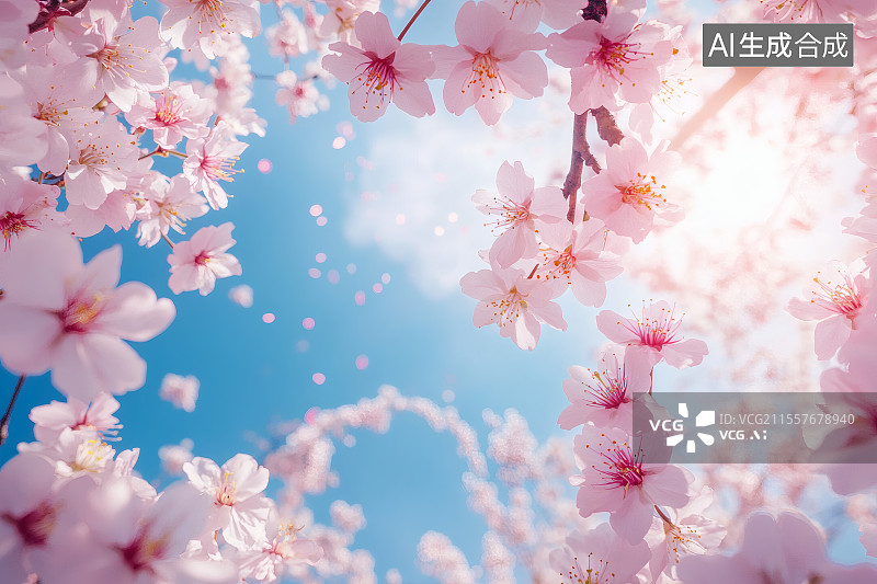 【AI数字艺术】仰拍樱花树下，樱花和蓝天，春和日丽图片素材