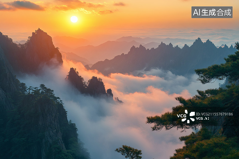 【AI数字艺术】云雾笼罩的山峰，旅游宣传图图片素材