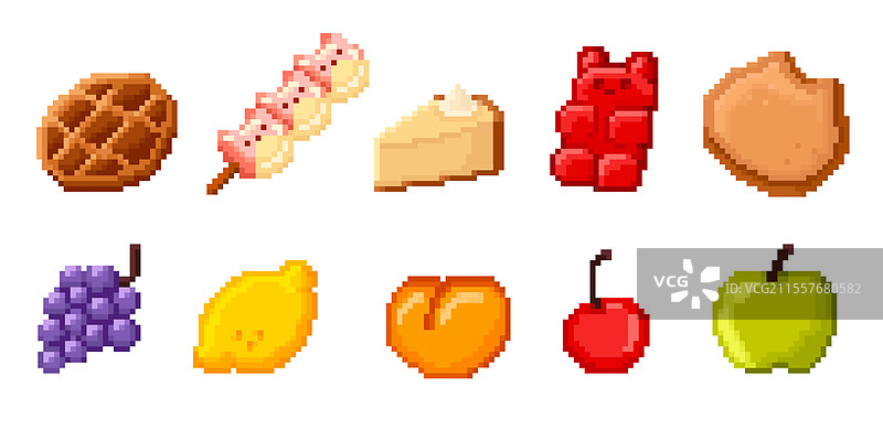 像素风格的甜点和水果图标集，独立于白色背景图片素材