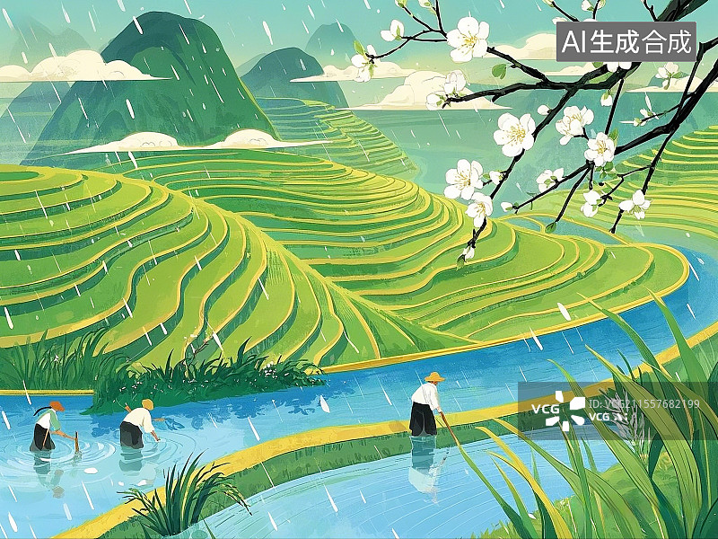 【AI数字艺术】春耕插秧插画 田园 梯田 春雨 春天 清明 春分 谷雨图片素材