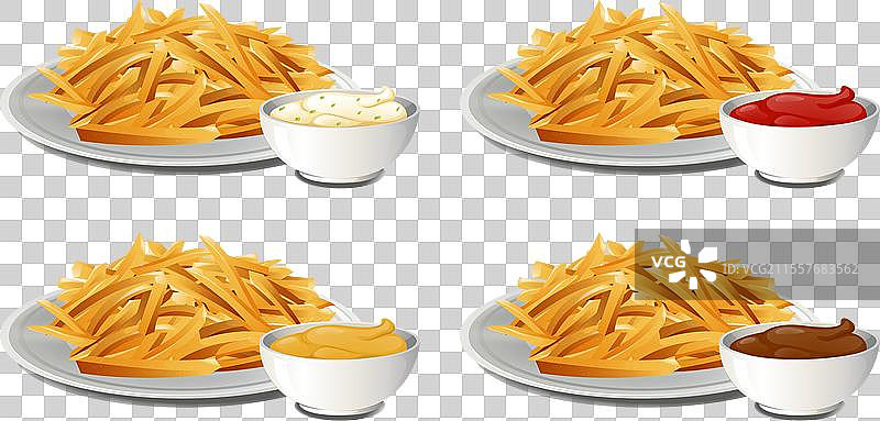 盘子里的薯条配番茄酱、蛋黄酱和芥末酱图片素材