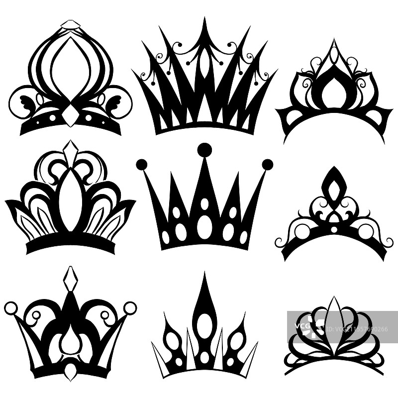 一组黑色轮廓的王冠和图片素材